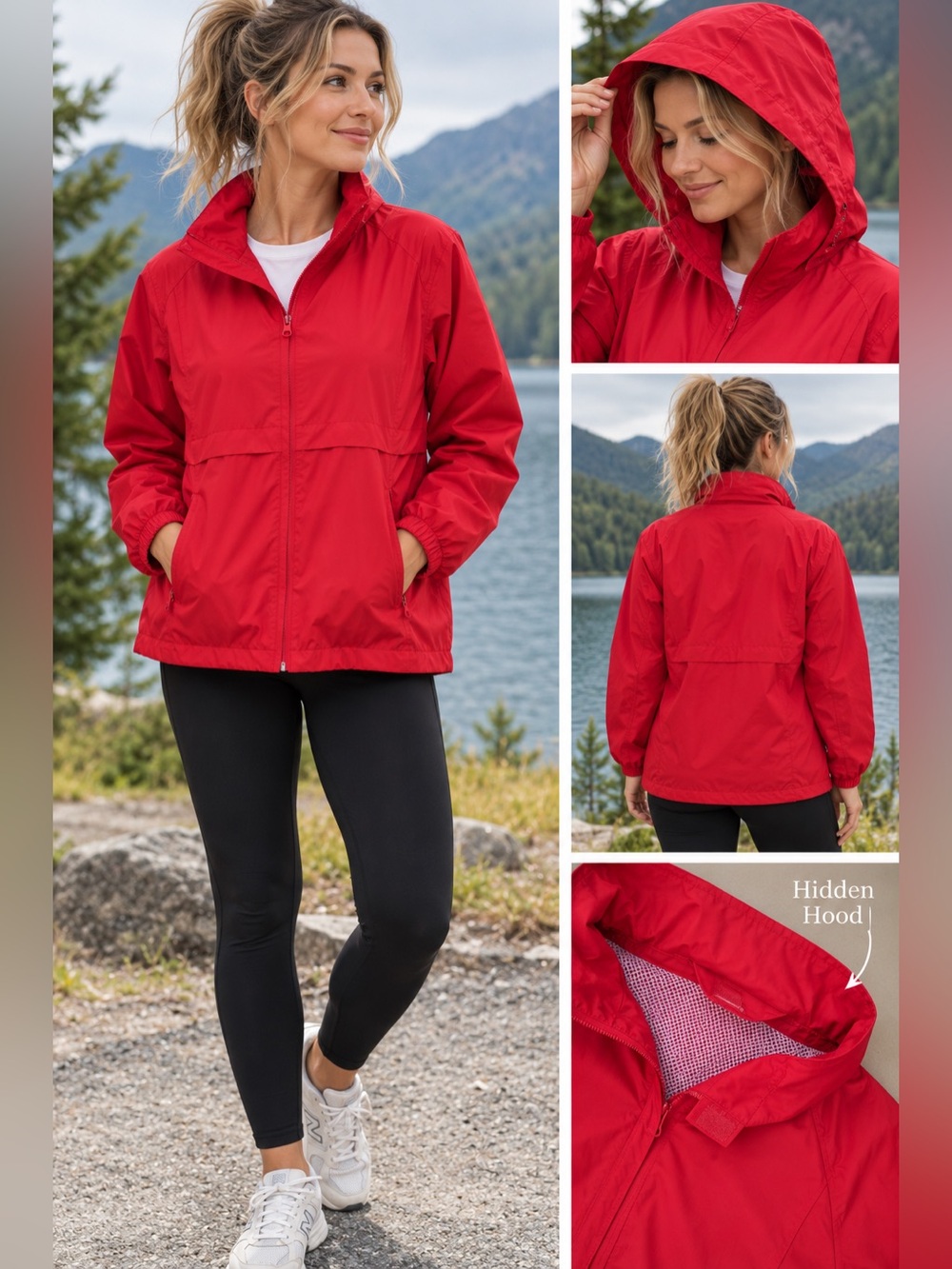 Eddie Bauer Women’s Large Red Rain Jacket Hidden Hood Vintage Windbreaker